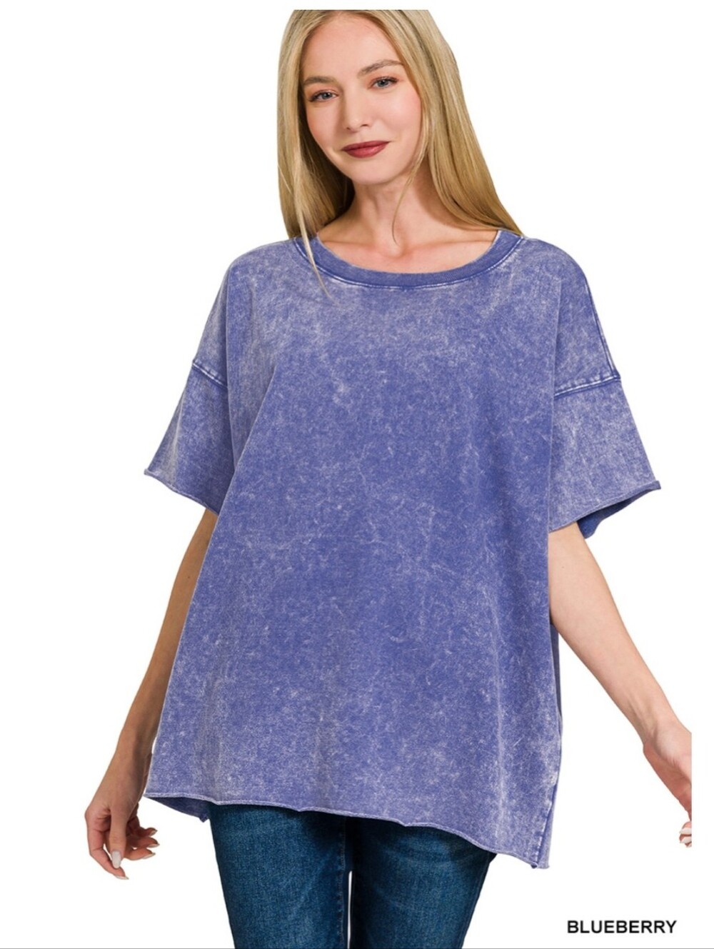 New Zenana Blueberry Acid Wash French Terry Top